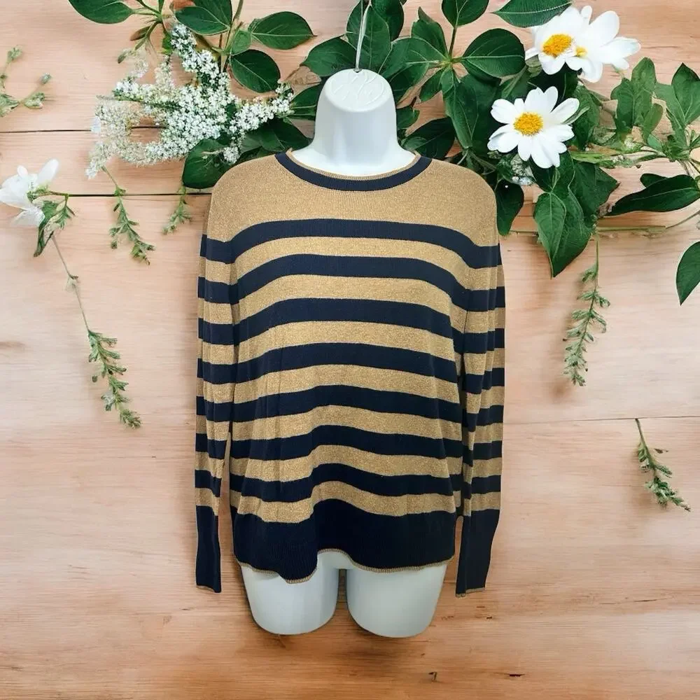 A New Day Crewneck Sweater Sz M Brown Navy Striped Pullover Top Cotton Blend